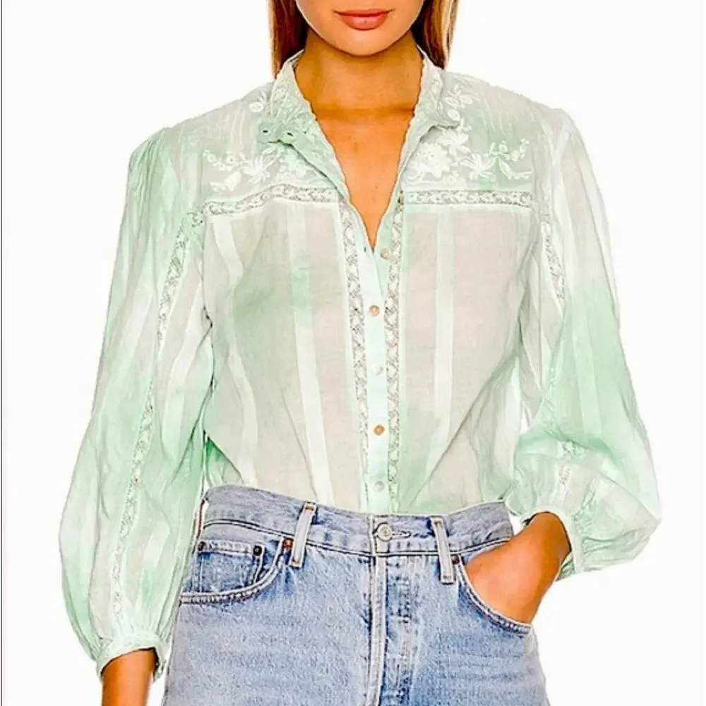 LoveShackFancy Ronda Embroidered Long Sleeve Blouse Floral Green Tie‎ Dye Size L